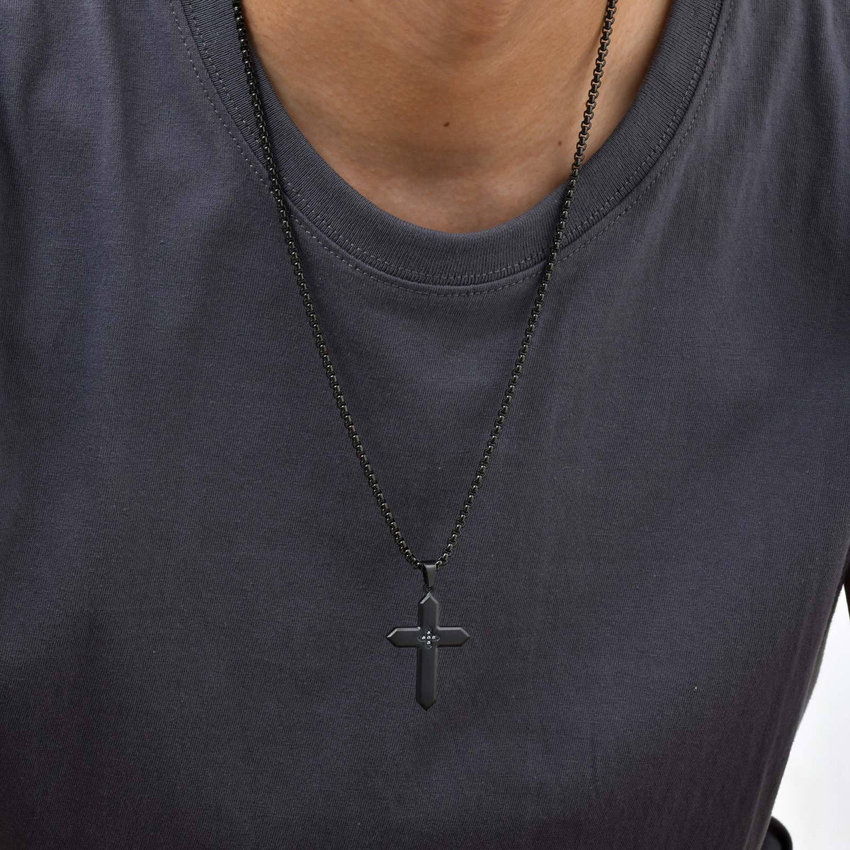 Unisex Classic Stainless Steel Inlaid Zircon Sand Surface Cross Pendant Square Pearl
