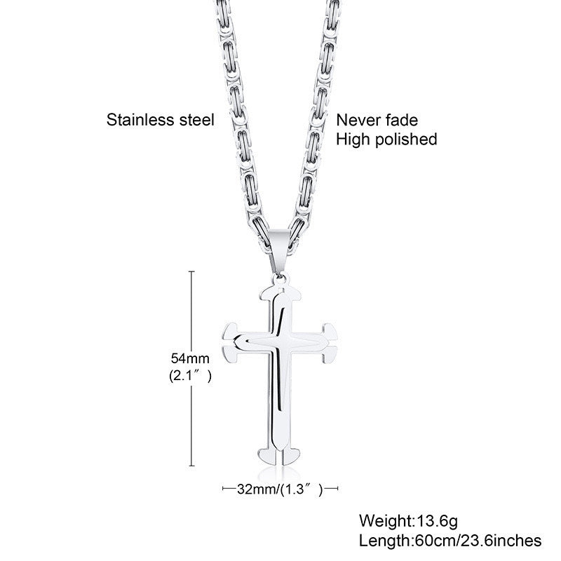 Planderful Stainless Steel Bold Triple Cross Pendant Necklace For Men On Byzantine Chain