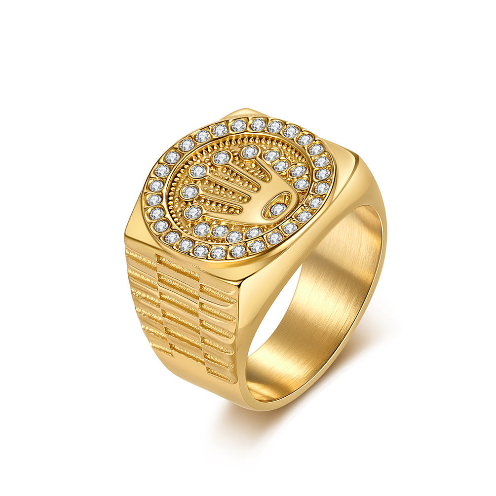 Planderful Titanium Steel Crown Ring For Men With Full Zircon Trendy Nightclub Hip Hop Accessory