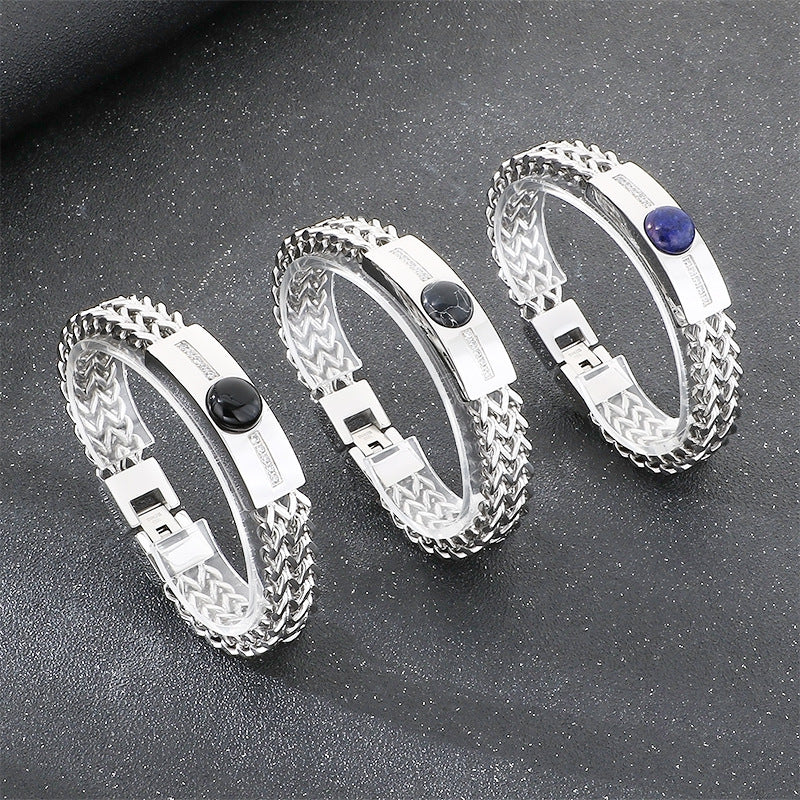 Blue Gold Black Pine Obsidian Inlaid Zircon Curved Bar Front & Back Chain Stainless Bracelet