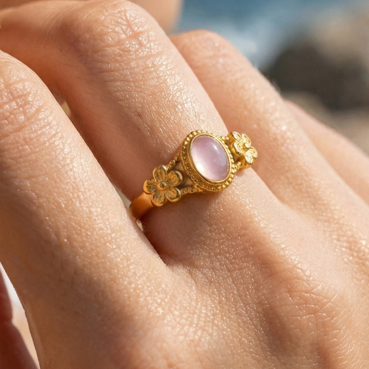 Stainless Steel Oval Egg Powder Spar Flower Opening French Light Girlfriend Gift Ring