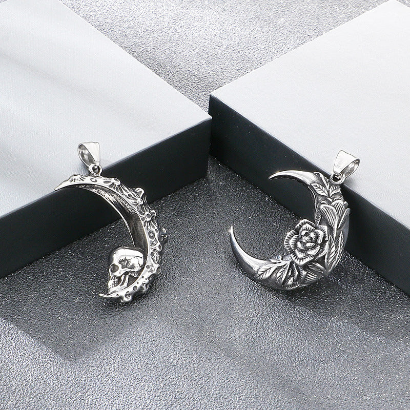 Gothic Style Dark Crescent Rose Pendant, Punk Vintage Skull Moon Titanium Steel Men's Necklace