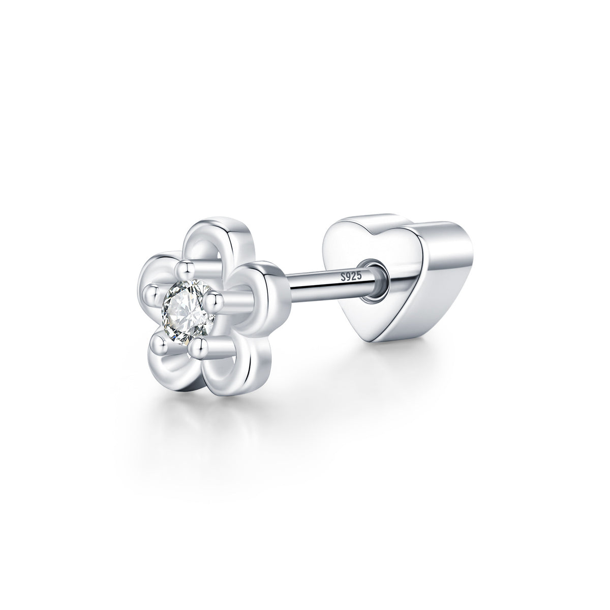 925 Sterling Silver Heart Floral Moissanite Threaded Stud Earring
