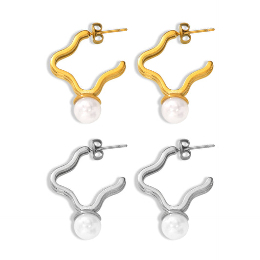 Lucky Grass Shape Line Design Titanium Steel Earrings with Inlaid Beads