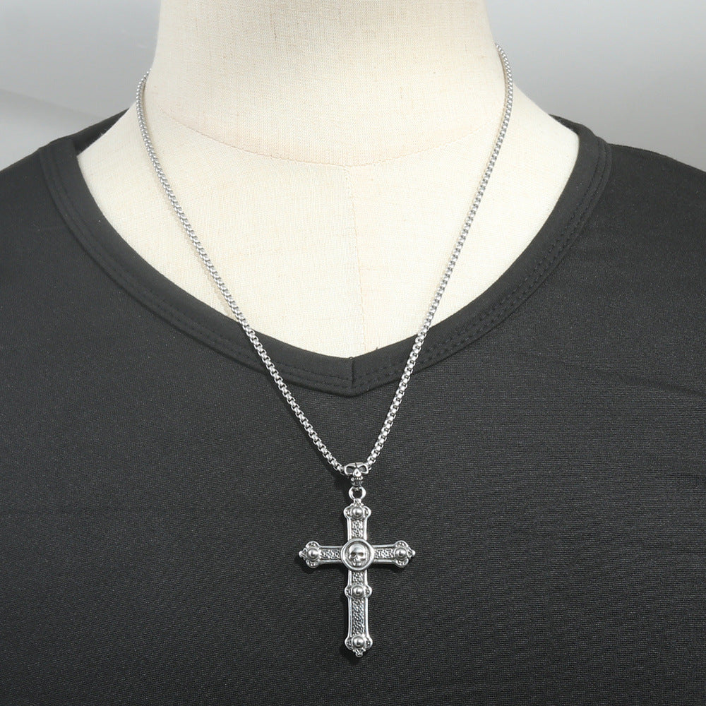 European And American Stainless Steel Cross Pendant Men's Skull Necklace
