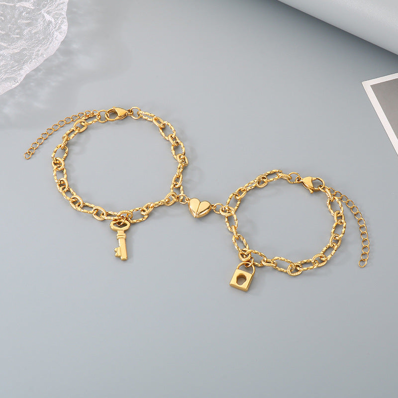 Key Love Magnet Titanium Steel Bracelet – Design Heart Lock Couple