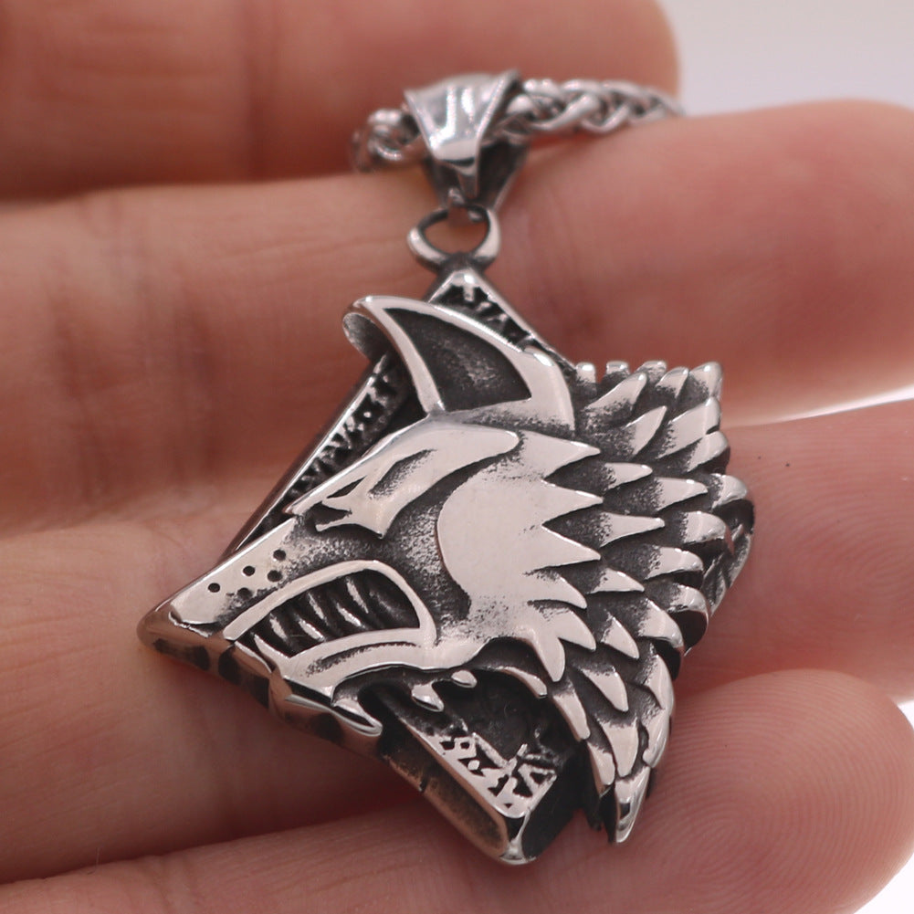 Viking Odin Wolf Head Stainless Steel Pendant Necklace with Titanium Steel Chain