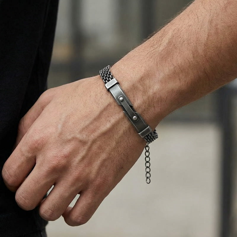 Strap Chain Bracelet – Nail Curved Bar Mesh With Extension Chain Stainless Steel