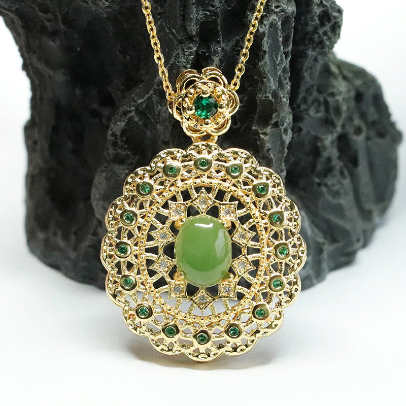 Hollow Lace Zircon Necklace with Hetian Jade Oval Jasper Pendant