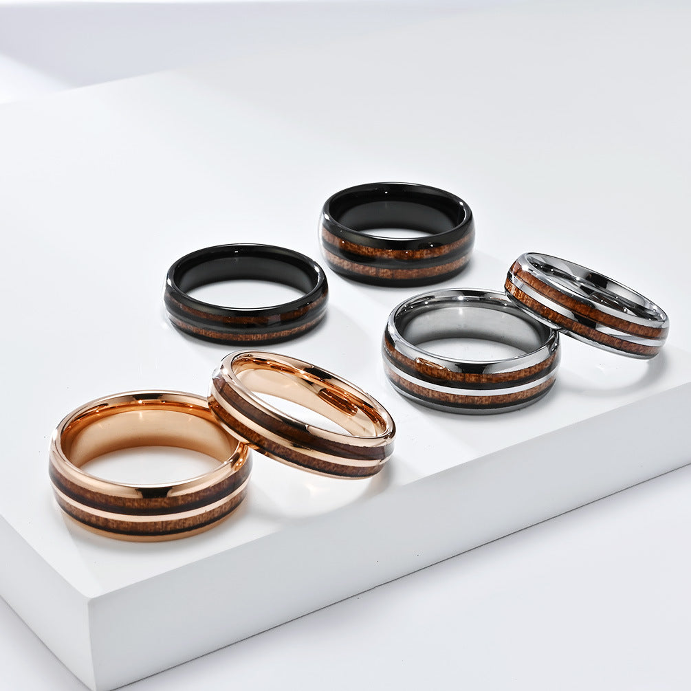 Planderful Tungsten Steel Ring With Parquet Wood Inlay Double Groove Unisex Couple Ring