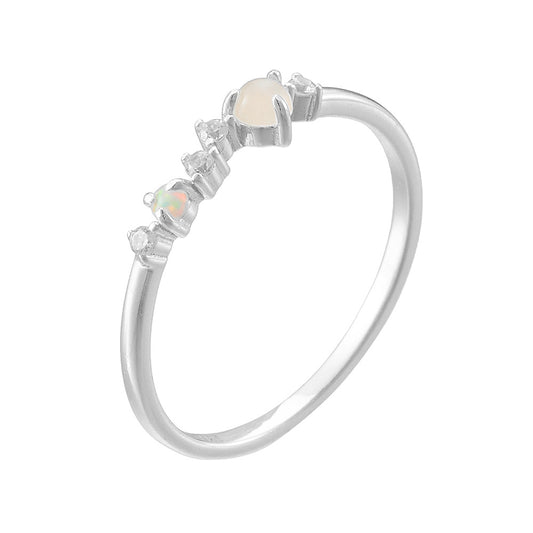 Row of Opal Moonstone and Zircon Slim Sterling Silver Ring
