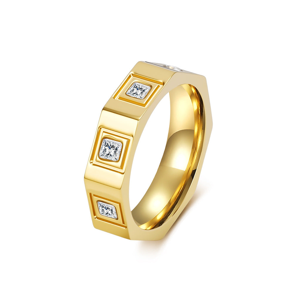 Geometric Eight-Sided Full Zircon Stainless Steel Ring Unisex