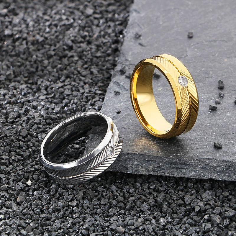 Ring Vacuum Plated Zircon Feather Round Stainless Steel Men's Ring