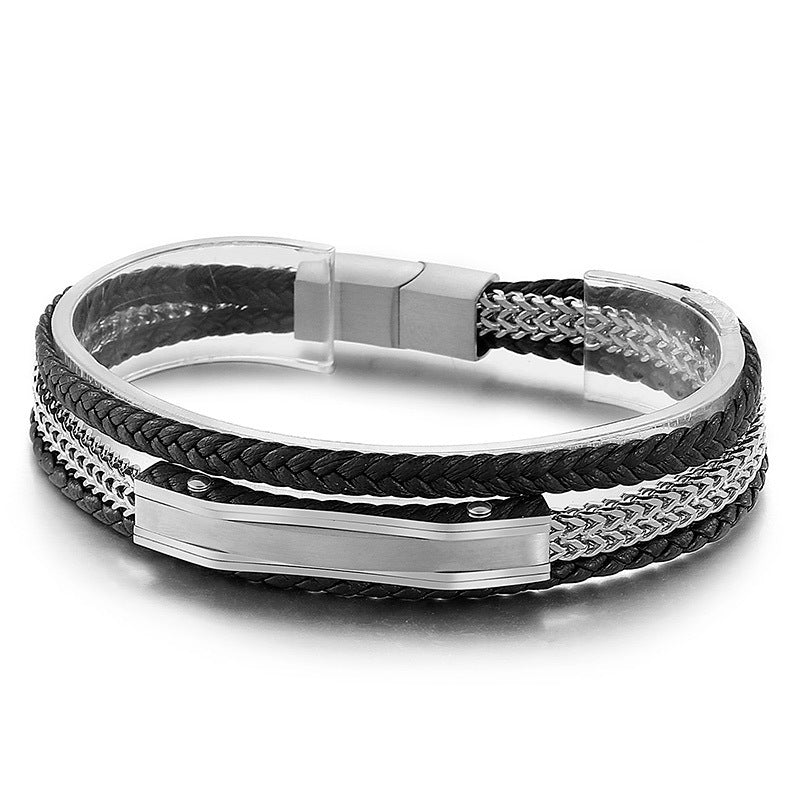 Planderful Stainless Steel Chain Leather Bracelet For Men