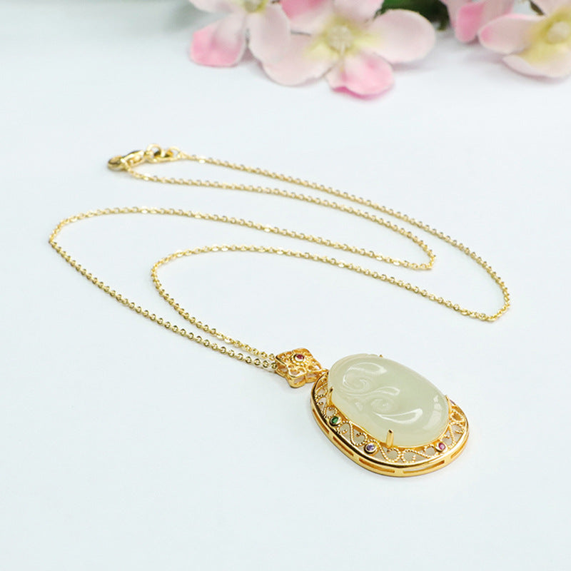 Jade Ruyi Necklace with Sterling Silver Pendant from Hotan