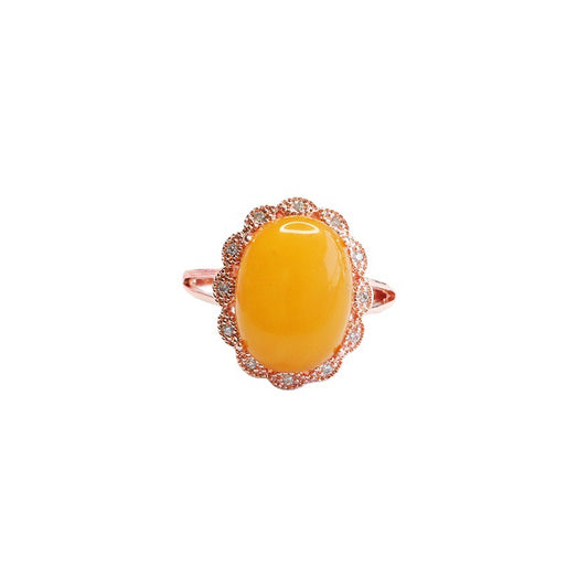 Floral Honeycomb Zircon Ring crafted from Natural Pigeon Egg Amber