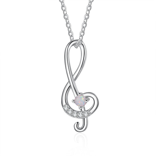 Round Opal Zircon Music Symbol Sterling Silver Necklace