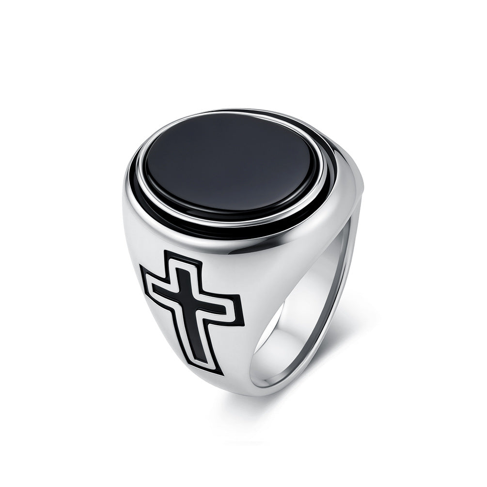 Cross Tiger's Eye Black Gemstone Stainless Steel Ring for Men