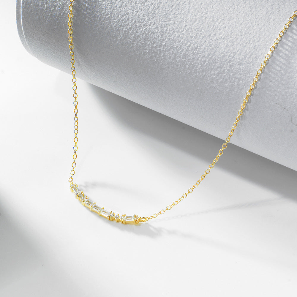 S925 Sterling Silver Rectangular Zircon Smile Pendant Necklace, Geometric Elegant