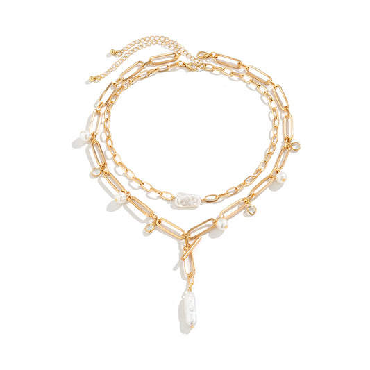 European and American Inspired Imitation Pearl Tassel Necklace with Zirconia Chain for Stylish Women