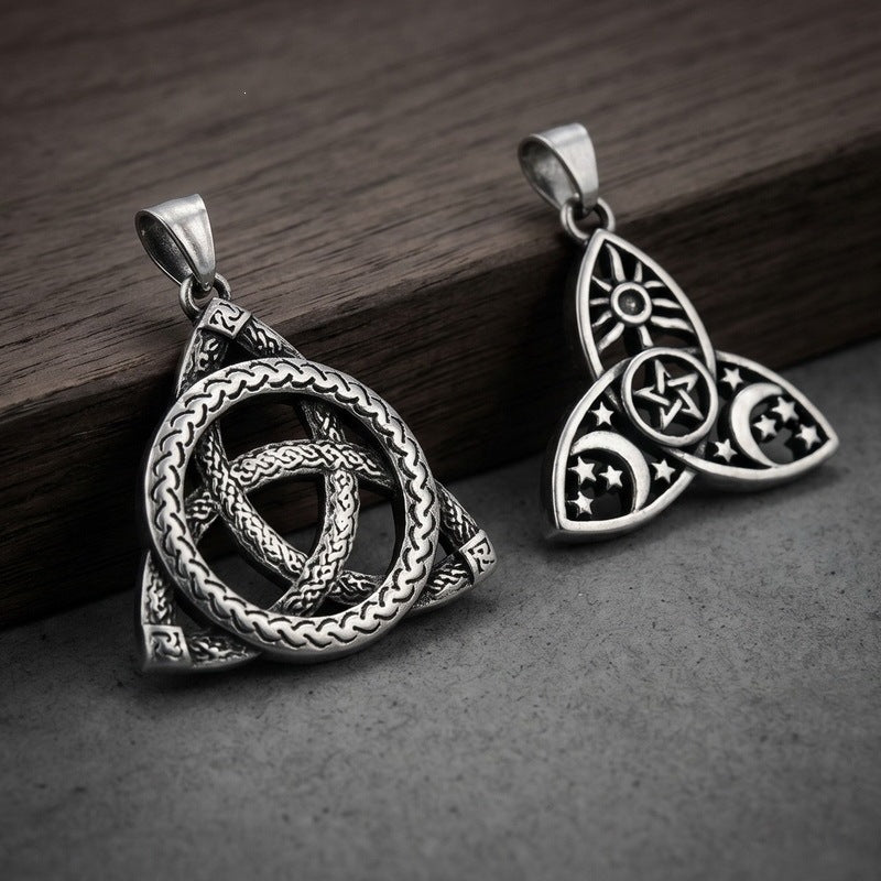 Nordic Celtic Symbol Retro Mysterious Sun And Moon Pentagram Inlaid With Opal Triangle Necklace
