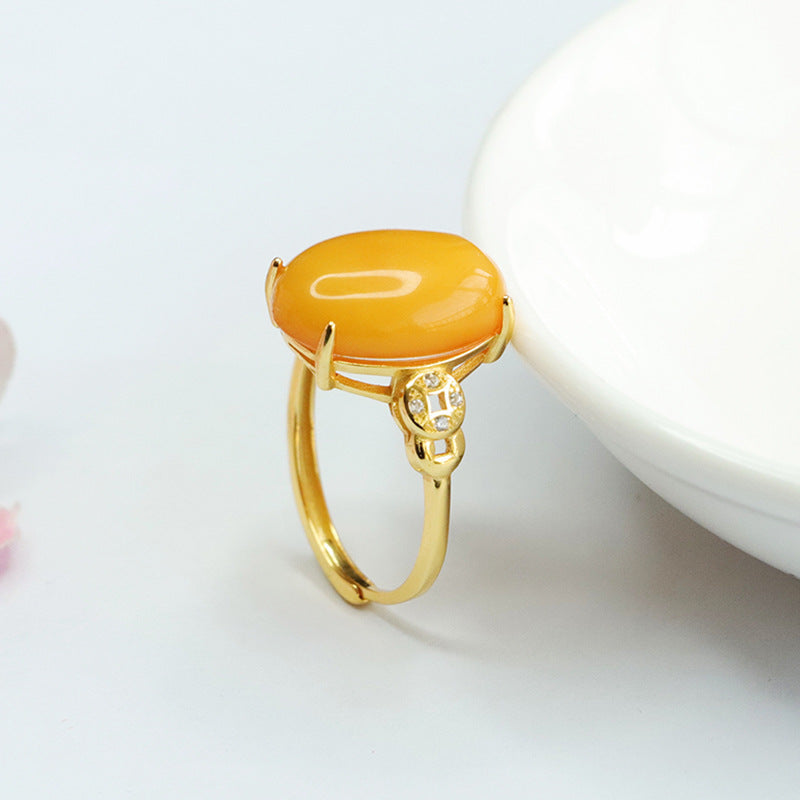 Vivid Beeswax Amber and Zircon Sterling Silver Adjustable Ring