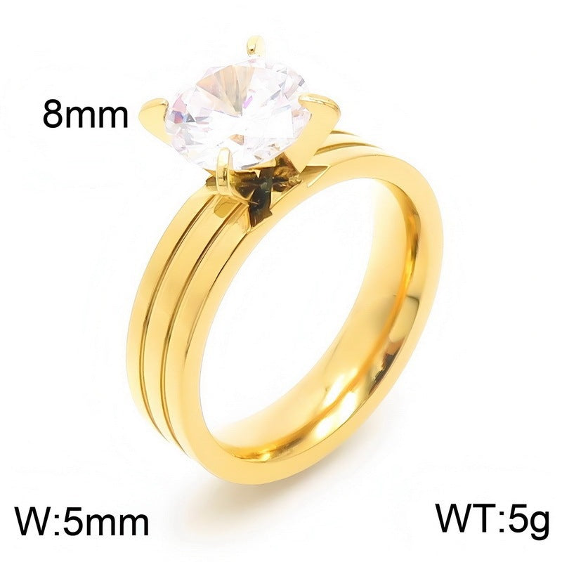 Four-Claw Zircon Double-Groove Ring, Fashionable Stainless Steel Couple Marriage Proposal, Women's