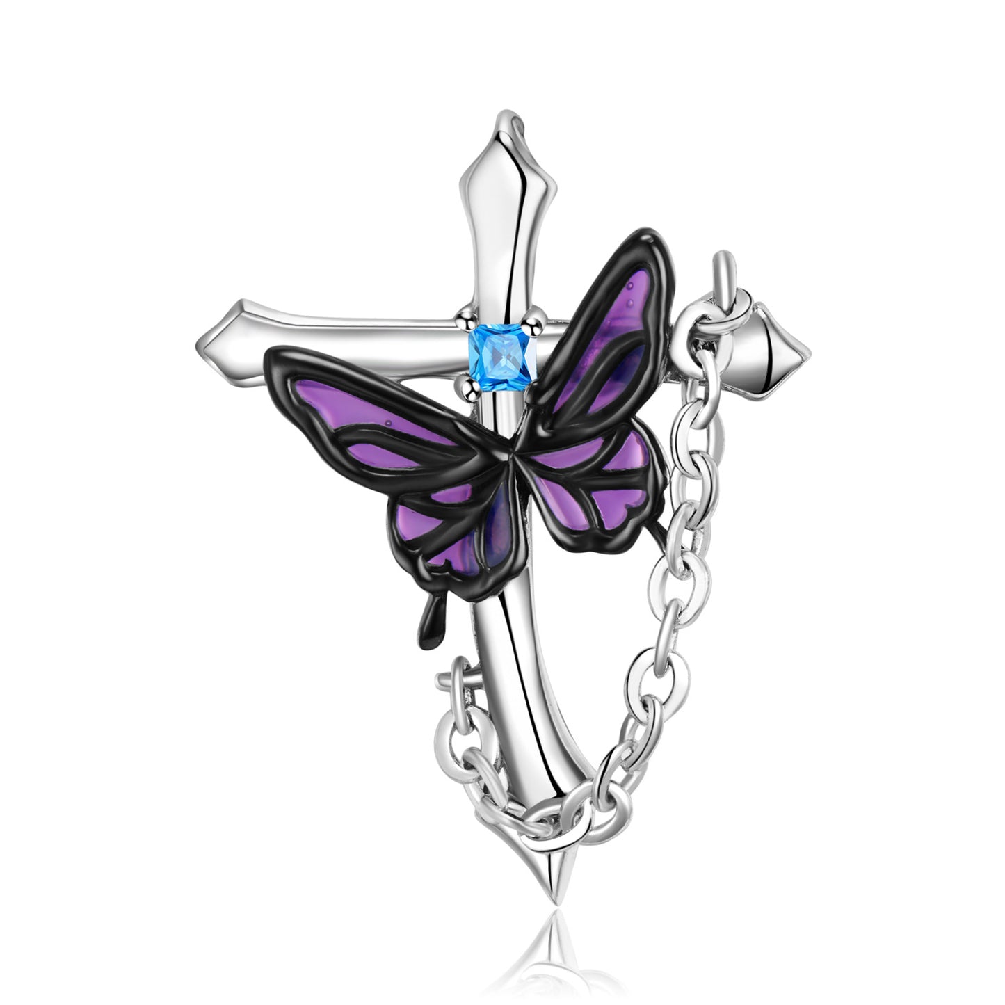 Purple Butterfly Cross Pendant Silver Necklace