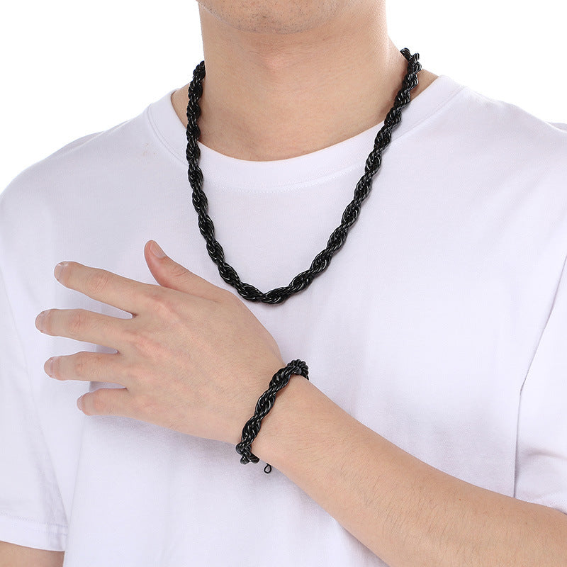 Twisted Rope Bracelet And Necklace Set Stainless Steel Men
