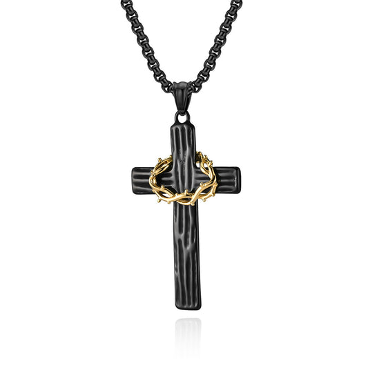 Planderful Cross Necklace For Men Titanium Steel Durable Thorn Wreath Pendant American Retro Style High End Gift