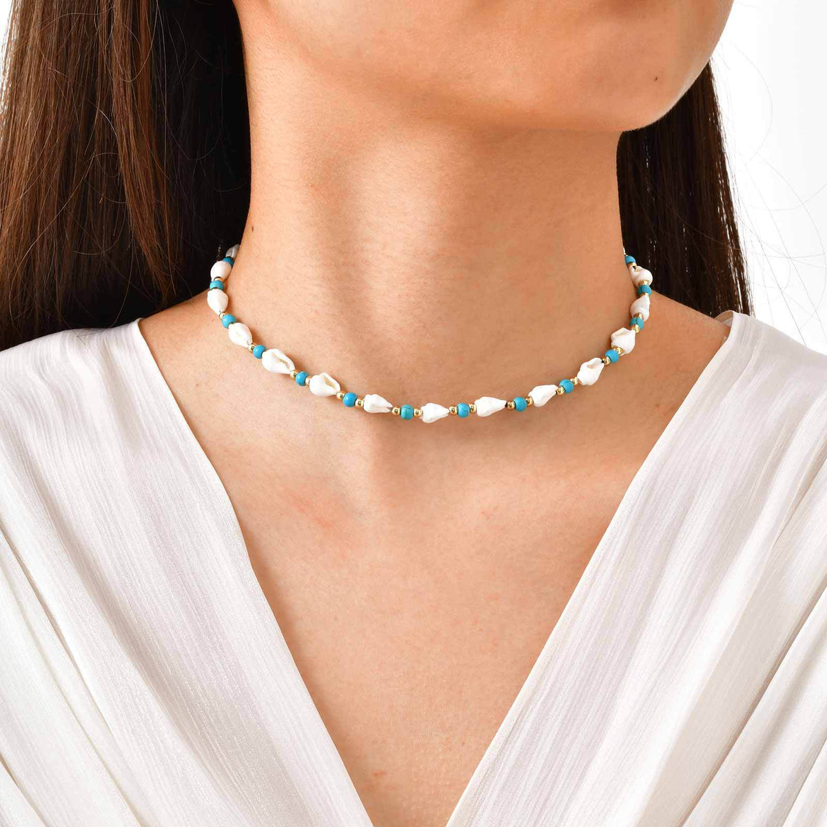Ocean Wind Stainless Steel Ball Shell Blue & White Beaded Adjustable Necklace Casual