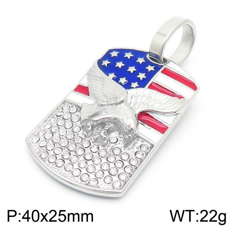 Stainless Steel Men's Eagle Pendant with American Flag and Zircon Accents
