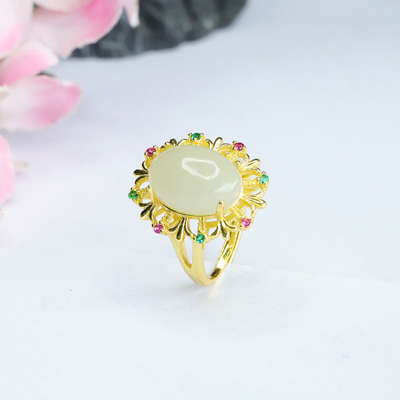Hetian Jade Openwork Cabochon Ring