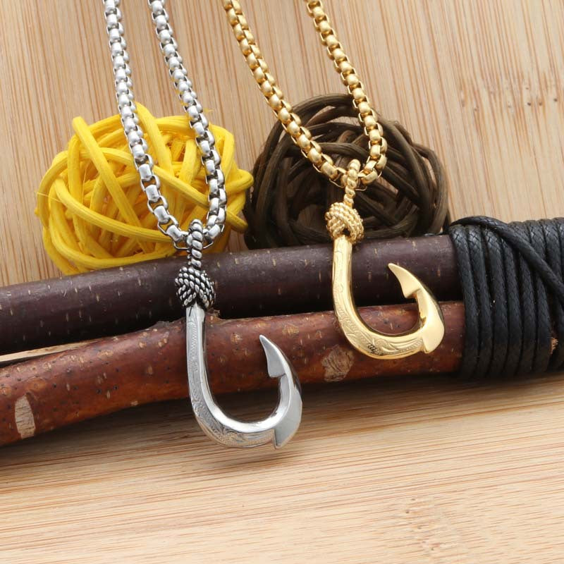 Punk Style Titanium Steel Fishing Hook Pendant Necklace for Men
