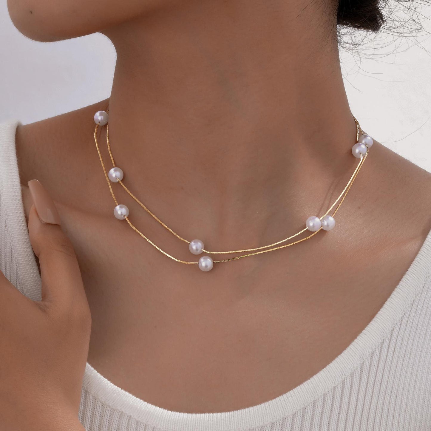 Copper Double-Layer Stacked Pearl Collarbone Chain Elegant Necklace Women
