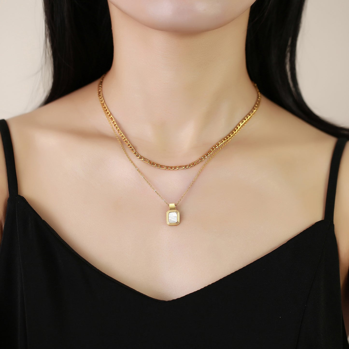 Stainless Steel Double Layer Geometric Square Tag Pendant Necklace