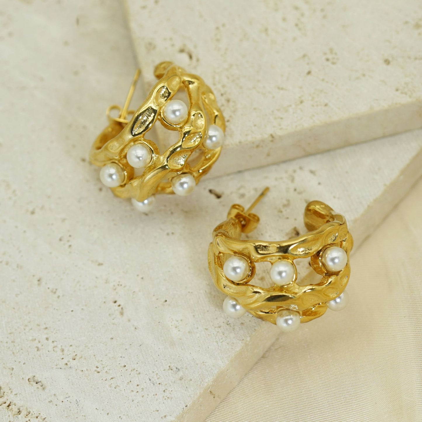 Gold Plated Stainless Steel Earrings Irregular Textured French Style Statement Jewelry By Planderful For Modern Women