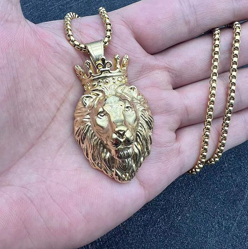 Titanium Steel Lion Head Pendant Necklace By Planderful Bold Gold Plated For Hip Hop Fans