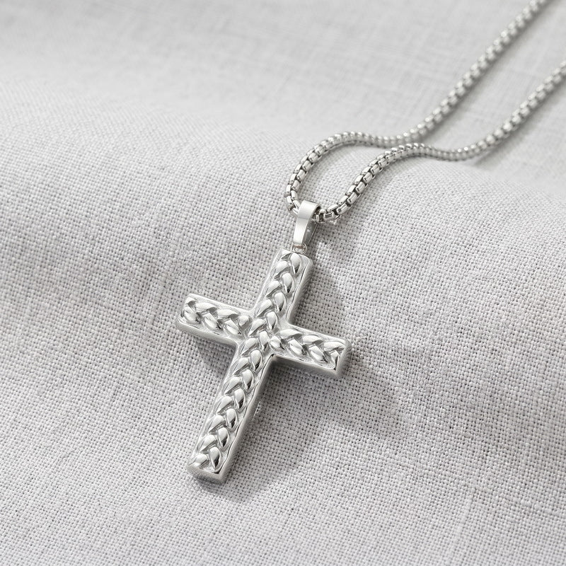 Round Bead Chain Trendy Three-Dimensional Wheat Ear Pattern Cross Pendant, Stainless Steel Square Necklace