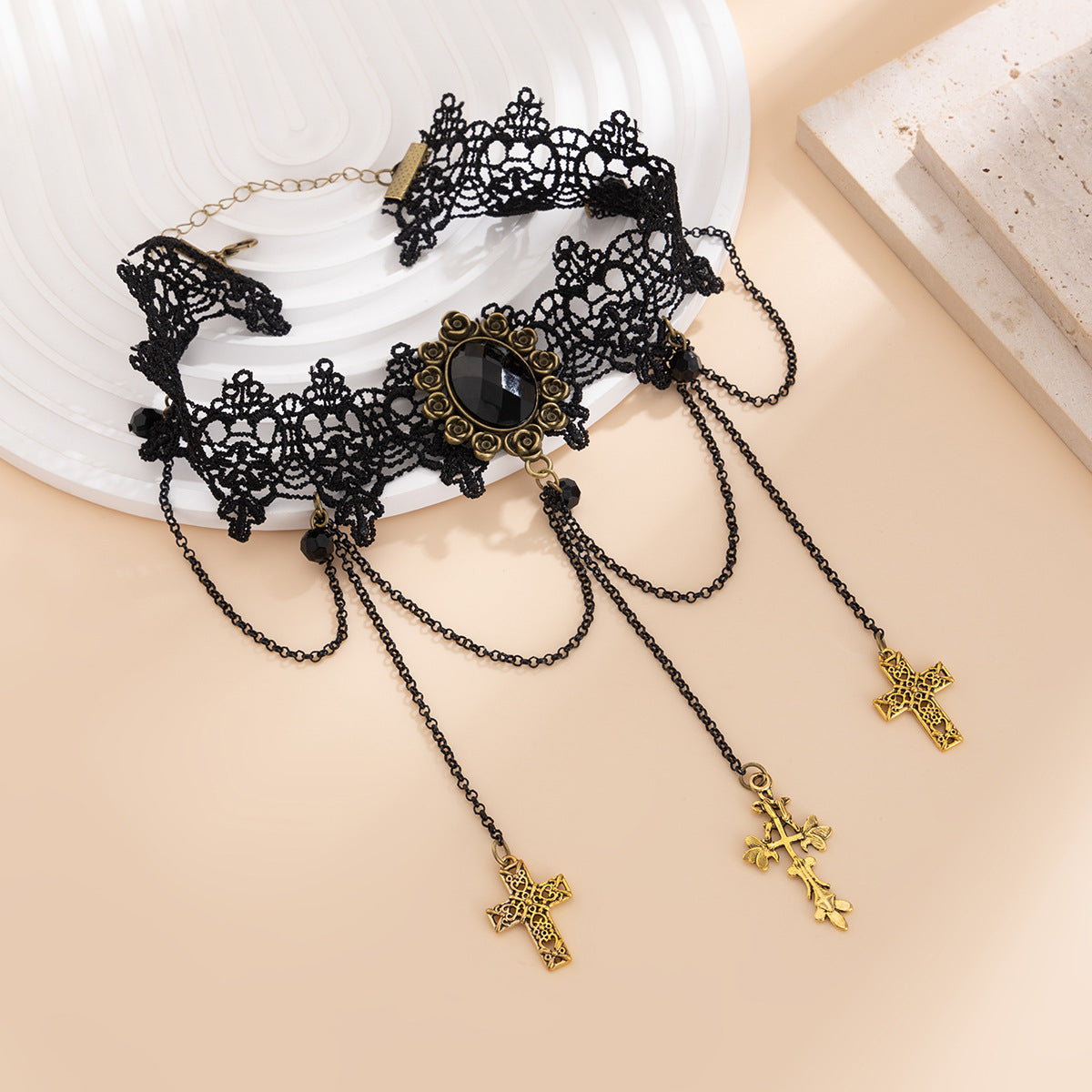 Gothic Lace Cross Tassel Choker