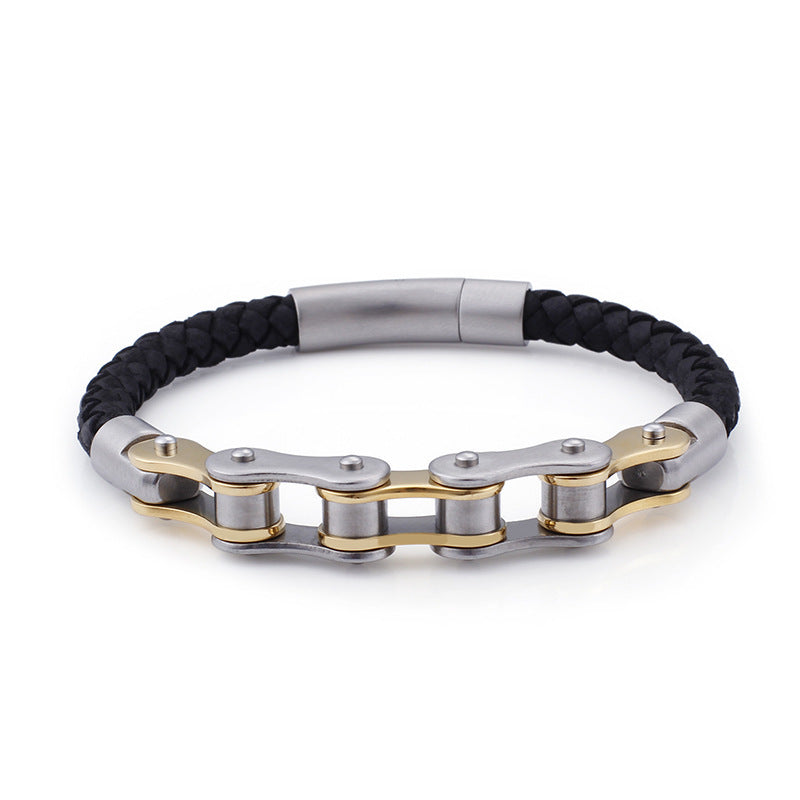 Cool Men's Stainless Steel Bicycle Chain Leather Bracelet – Locomotive Chain Cowhide