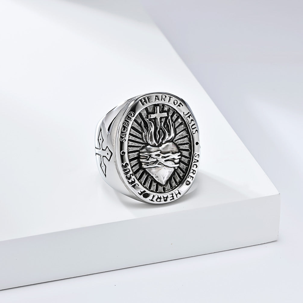Titanium Steel Cross Ring for Men with Heart Design