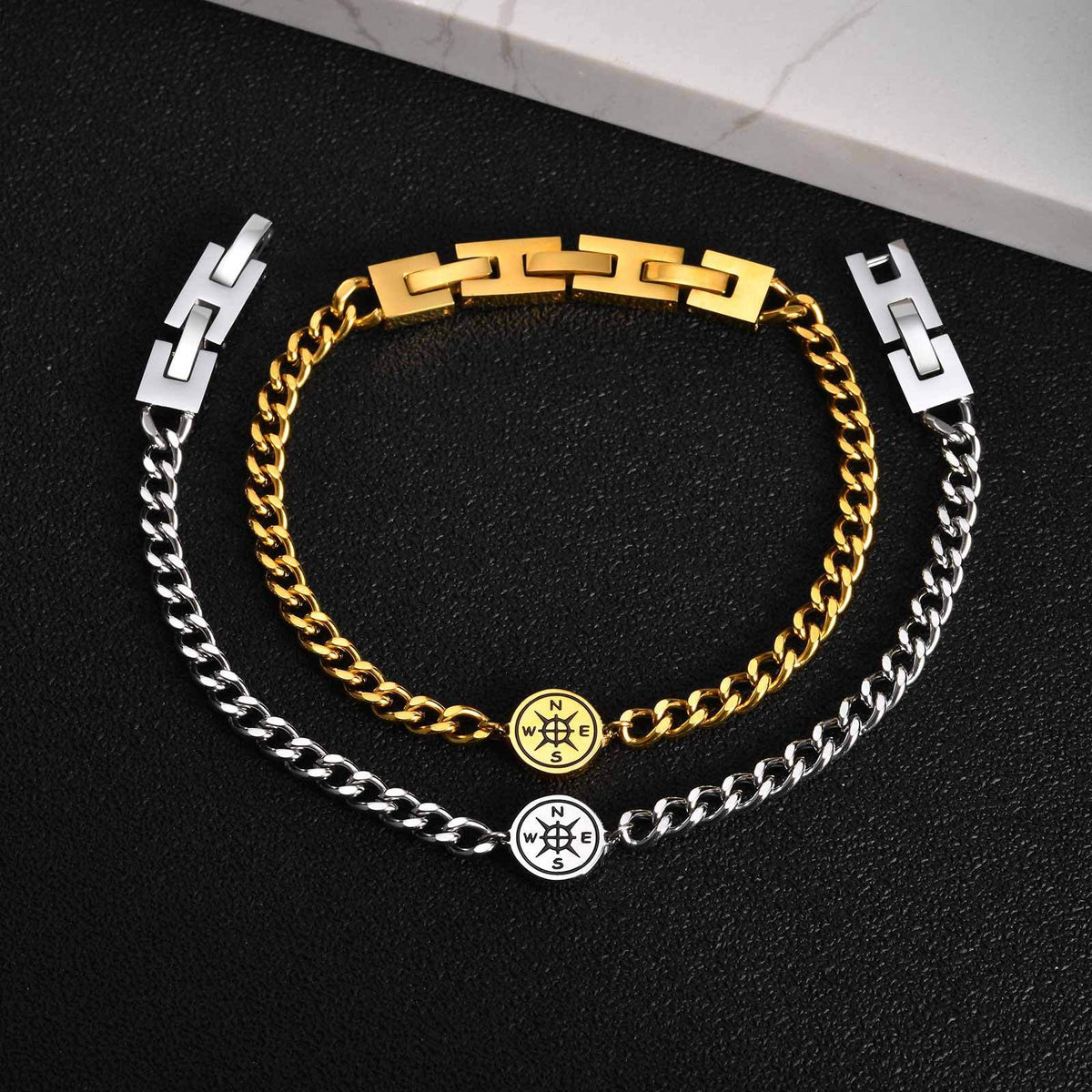 Cuban Chain Compass Gold-Plated Stainless Steel Bracelet for Men