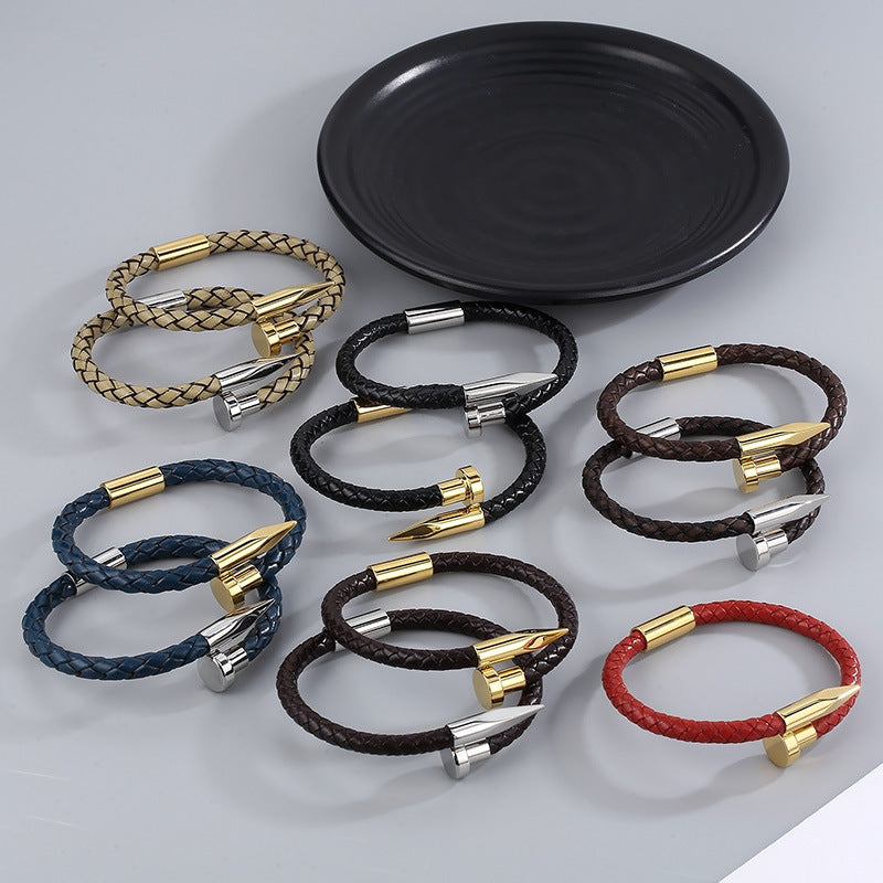 Cowhide Woven Stainless Steel Nail Bracelet – Men's Magnetic Buckle Leather Bracelet