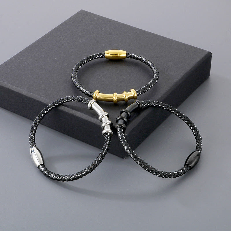 Smooth Curved Tube Leather Rope Bracelet – Woven Leather Rope Magnetic Buckle Men's