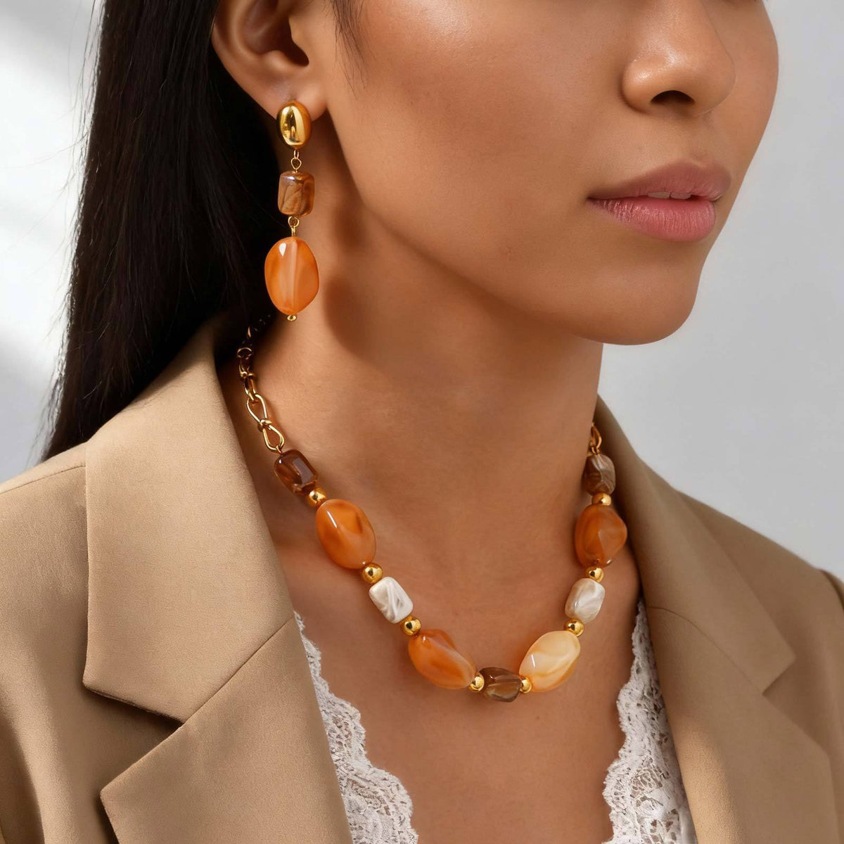 Stainless Steel Irregular Oval Resin Necklace Women's Earrings Symmetrical Earrings Gold
