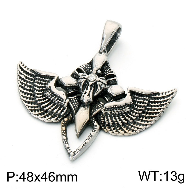 Fallen Angel Pendant Punk Goth Skull Wings Cross Sword Wings Stainless Steel Men's Necklace