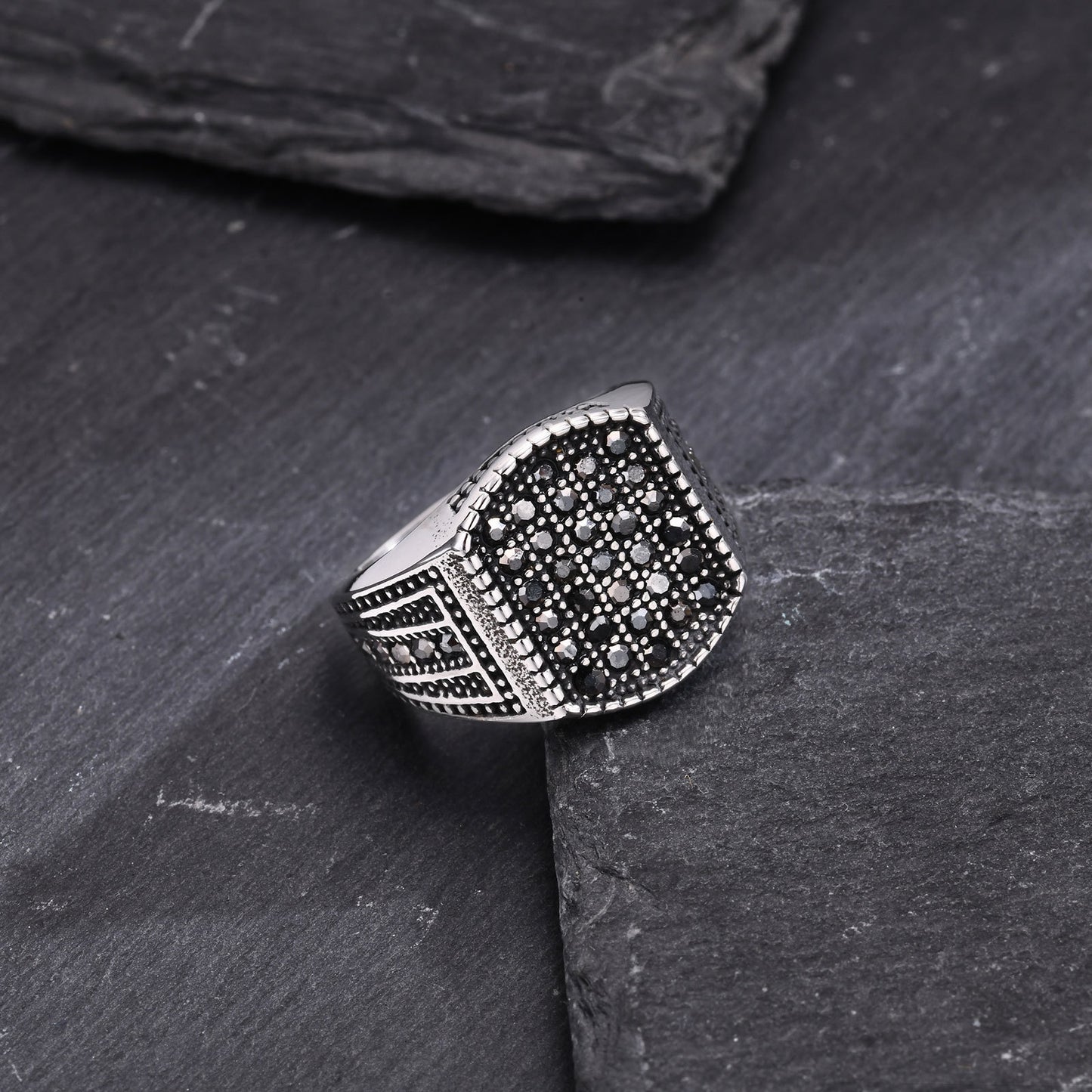 Jewelry Seal Stainless Steel Black Zircon Casting Ring for Men
