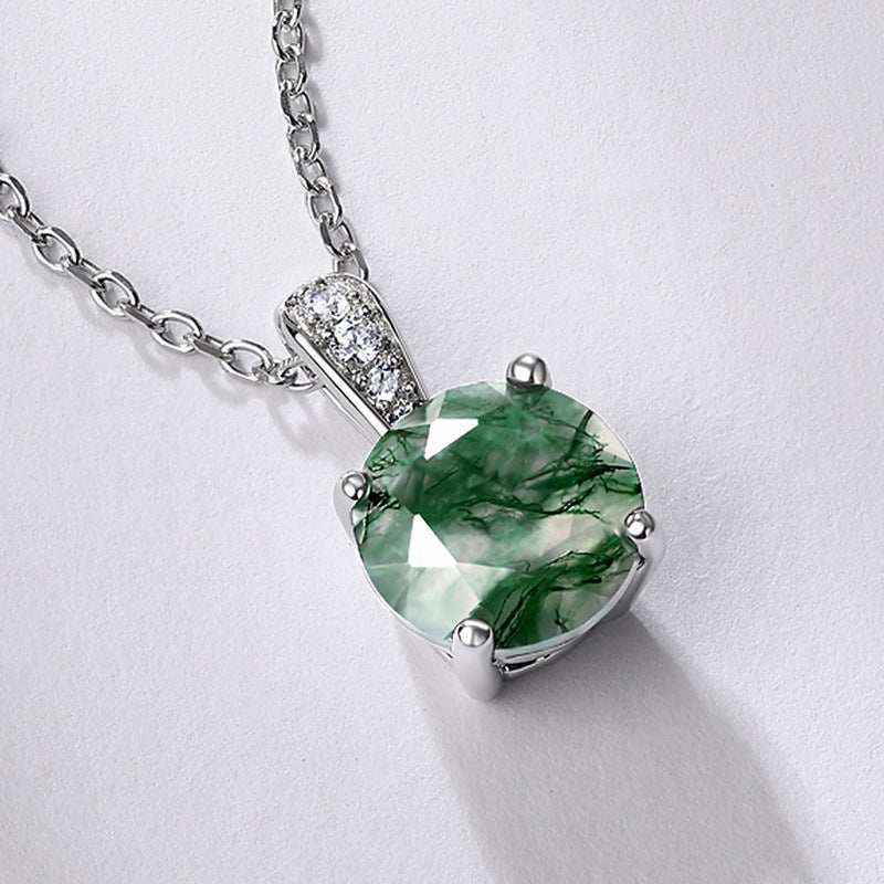 S925 Sterling Silver Moss Agate Geometric Pendant Necklace