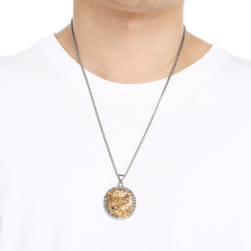 Nordic Viking Mythology Tomahawk Raven Totem, Retro Double Wolf And Crow Titanium Necklace